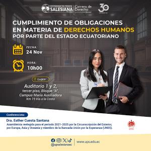 Afiche de la Charla Magistral: “Cumplimiento de obligaciones en materia de Derechos Humanos por parte del Estado ecuatoriano”
